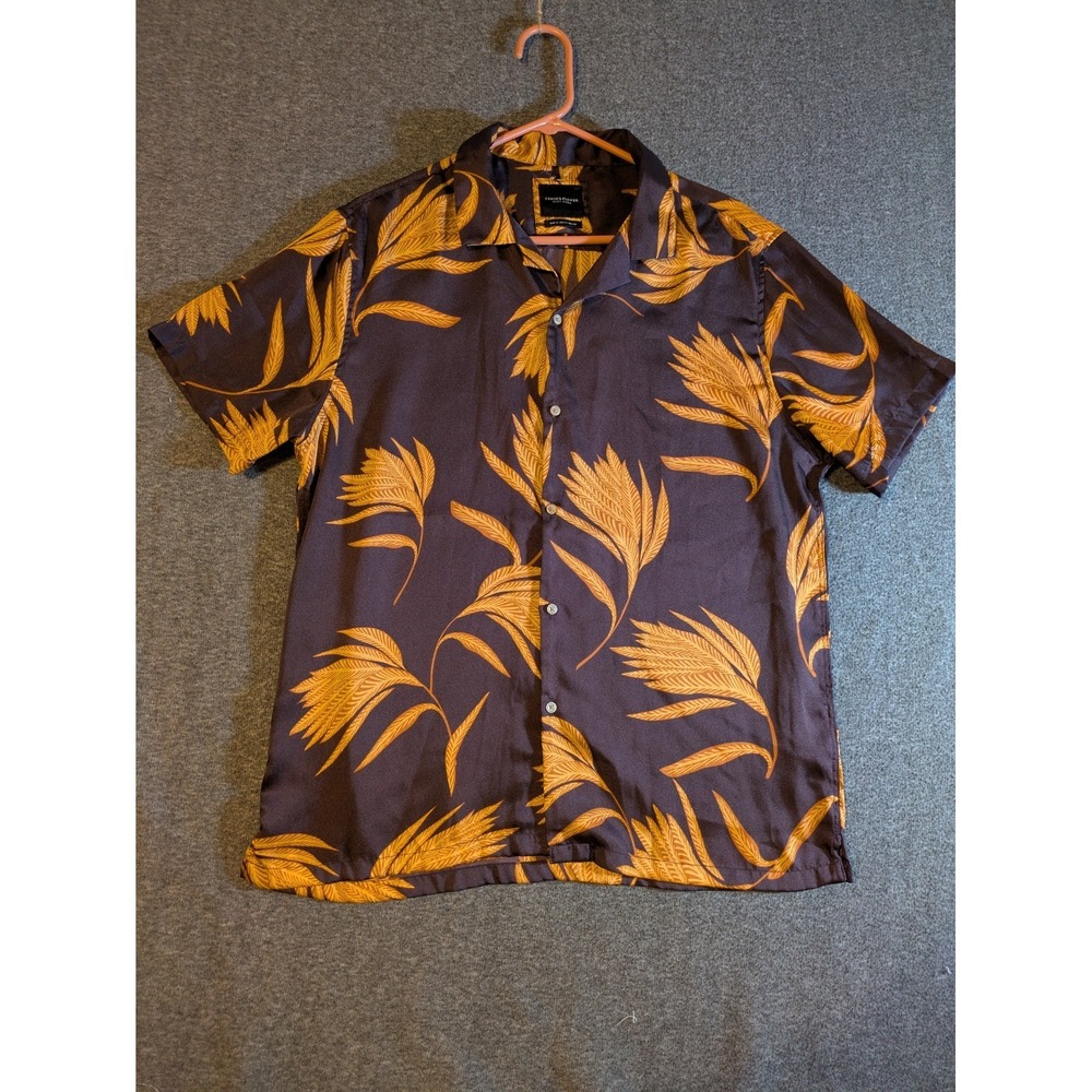 Denim & Flower Ricky Singh Mens Button Up Shirt Hawaiian Leaf Brown & Gold Sz XL